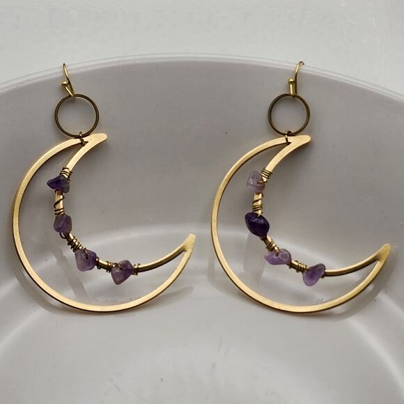 Genuine Amethyst Crescent Moon Earrings - Picture 7 of 8